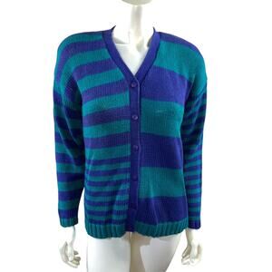 Vintage 90s PASTA Purple Green Striped Cardigan Sweater Color Block Small